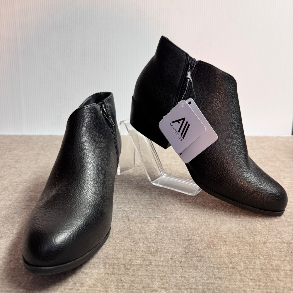 Aerosoles Ankle Boots Womens 8W Black Pebbled Faux Leather Side Zip Classic